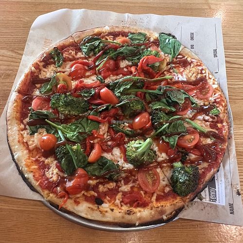 Tomato sauce, vegan cheese, tomatoes, red pepper, broccoli, spinach.  at Blaze Pizza in Irvine