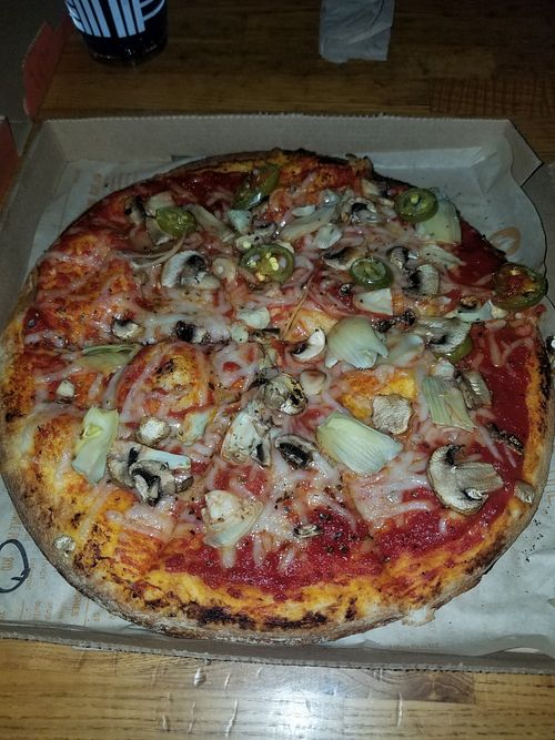 Vegan build-your-own pizza (with artichoke, mushrooms and jalapeño) at Blaze Pizza in San Clemente