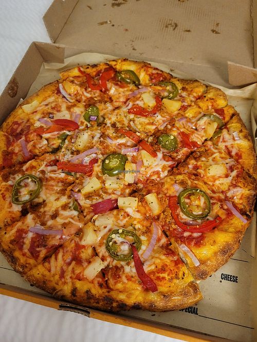 Rising crust with vegan cheese and vegan chorizo at Blaze Pizza in Twin Falls