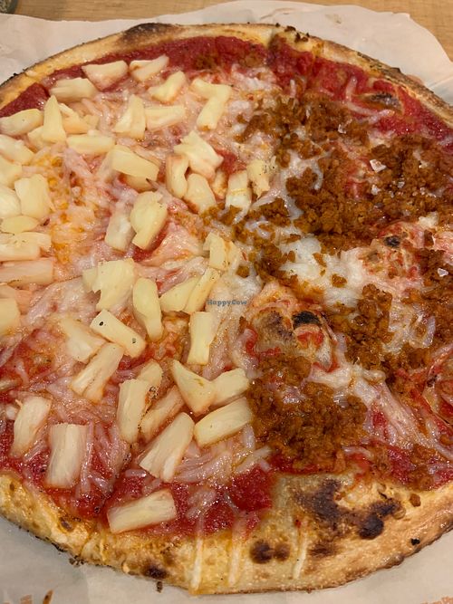 Half chorizo and half pineapple (stop judging me!) 😂 at Blaze Pizza in Cambridge