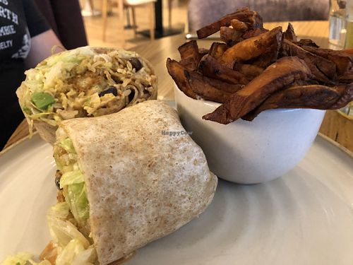 9-Layer Burrito with Sweet Potato Fries. We’ve had great SPF’s here, but this batch didn’t make the grade. Burrito was just so-so.  at Fresh on Spadina in Toronto