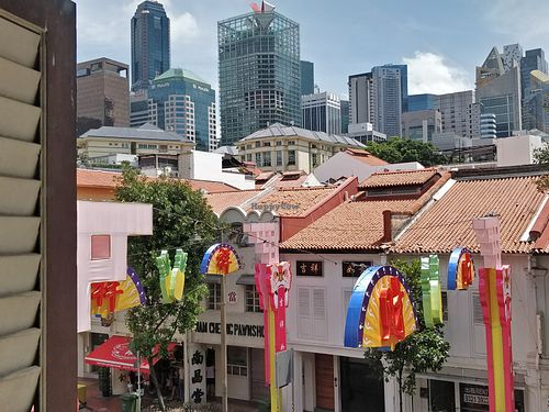 new and old - view from the restaurant at Eight Treasures Vegetarian 八宝素食馆 in Central Singapore