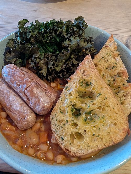 Vegan sausage cassoulet at The Green Dragon in Church Stretton