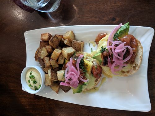 Vegan Tofu Bennie with hashbrowns at The Dandelion in Calgary