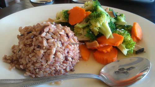 Vegan fish and broccoli at Lotus Vegan in North Holllywood, CA at Lotus Vegan in North Hollywood