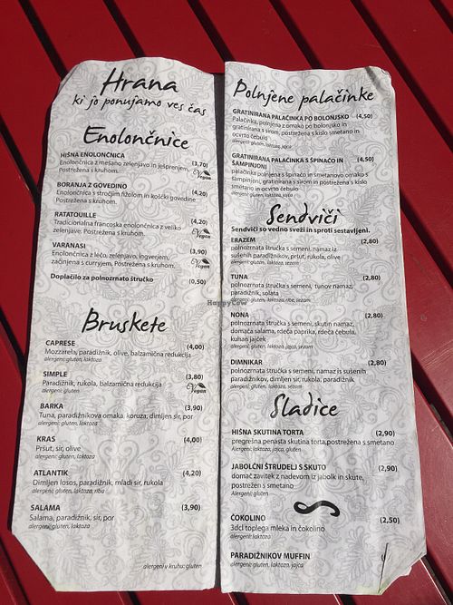 Menu  at Piaf in Maribor