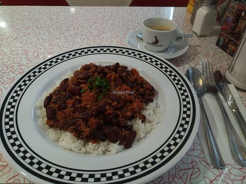 Vegan chili with rice at American Dream Diner in Geneva