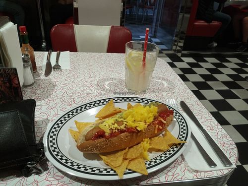 Vegan nacho hot dog and home made lemonade. at American Dream Diner in Geneva