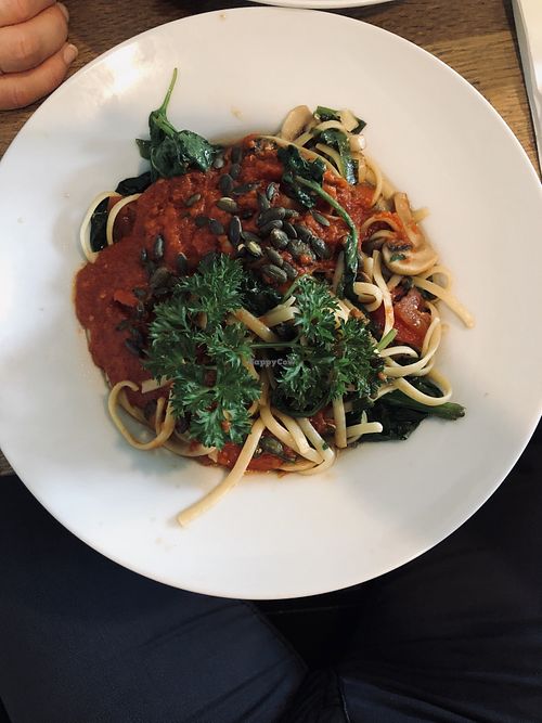Vegan linguini with portobello mushrooms  at Ox in Heitersheim