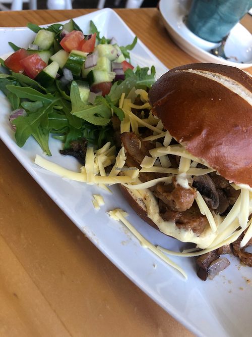 Steak, Mustard Mayo and Cheese on a Pretzel bun :) at Pepino Deli in Glossop