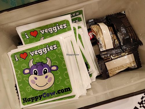 You could pick up some HappyCow stickers here  at Mother Earth 大地之素 in West Singapore