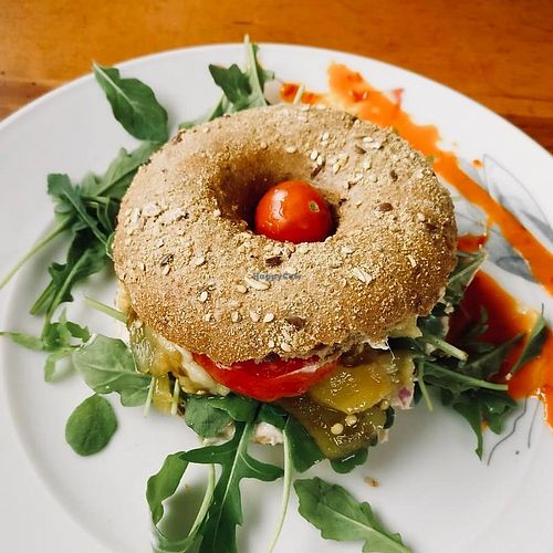 Bagel with vegan ricotta and grilled vegetables...Hmmm! at Be Kind Cafe in Geneva