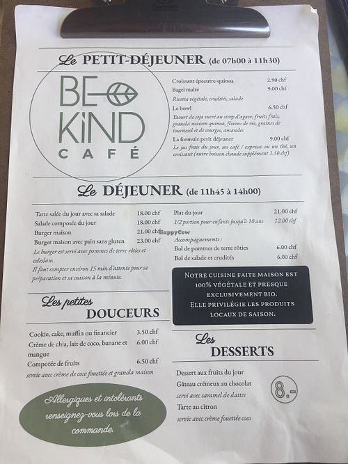 Food menu and times at Be Kind Cafe in Geneva