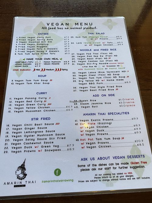 New menu at Amarin Thai Cuisine in Wollongong