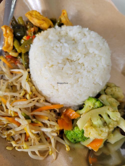 Rice and 3 items for 14k or $1 at Vegan House in Jakarta