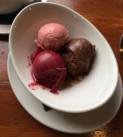 House-made sorbet selection (dark chocolate, strawberry and cherry) at The Juniper Bistro in Banff