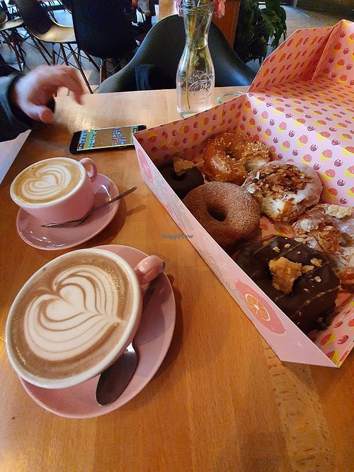 6-pack donuts and hot chocolate+cappuccino both made with Oatly Barista at Brammibal's Donuts - Potsdamer Platz in Berlin
