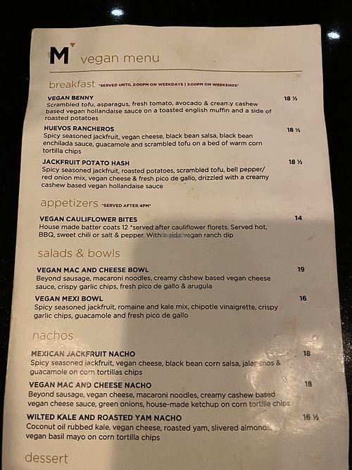 Separate Vegan Menu at Madison's 1212 in Calgary