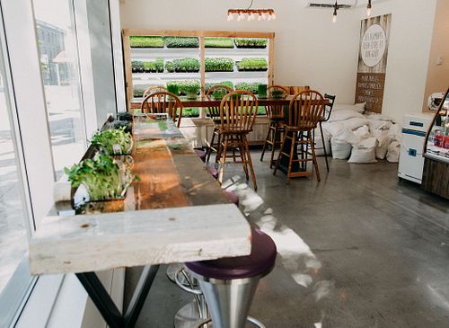 recycle wood counter  at BeBg Comptoir Végé in Montreal