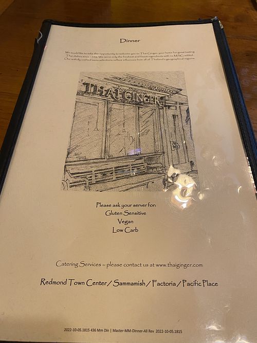 Vegan Options Indicated on Menu  at Thai Ginger in Seattle