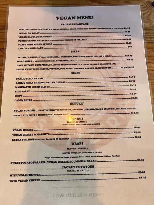 Vegan menu   at Isis Pizzeria in Barmouth
