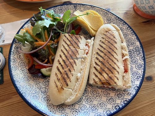 Vegan cheeze and tomato panini, salad and original Pringles   at Isis Pizzeria in Barmouth