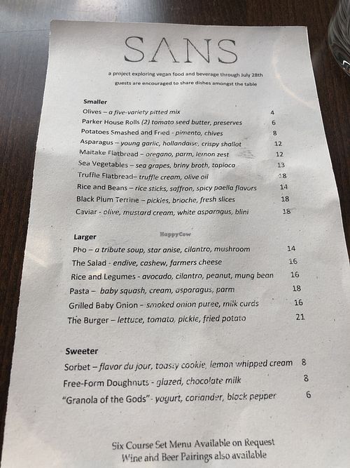 Food menu at Sans in Brooklyn