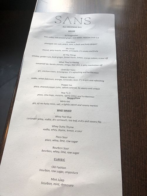 Drink menu at Sans in Brooklyn
