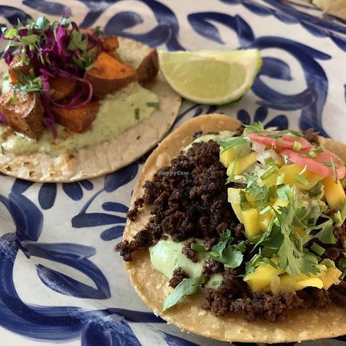 Sweet potato taco & vegan chorizo tostada.  at Yuca in Rovaniemi