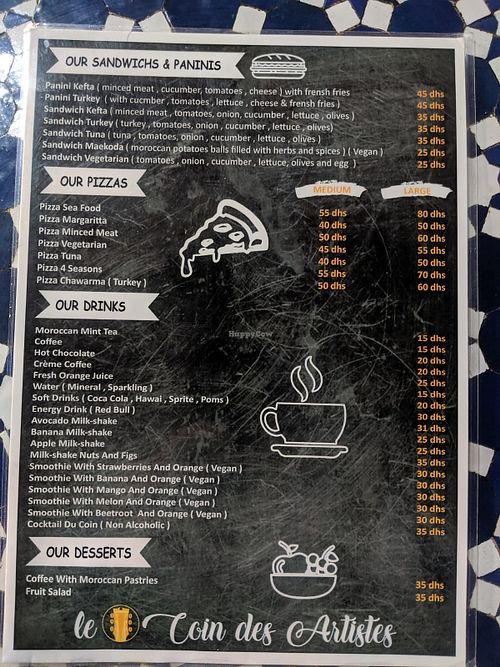 Back page of menu at Le Coin des Artistes in Fes