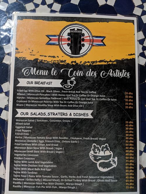 Front page of menu at Le Coin des Artistes in Fes