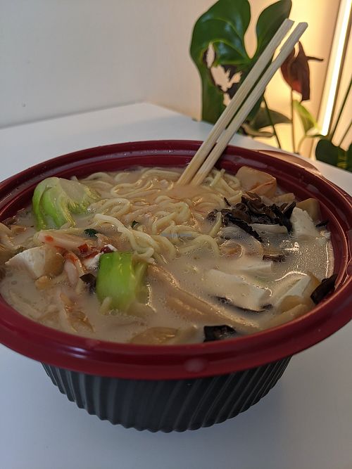 Vegan Ramen! I added extra tofu and chili. Yum! It can definitely fill one person and still have leftovers. at Toribashi in Monterey