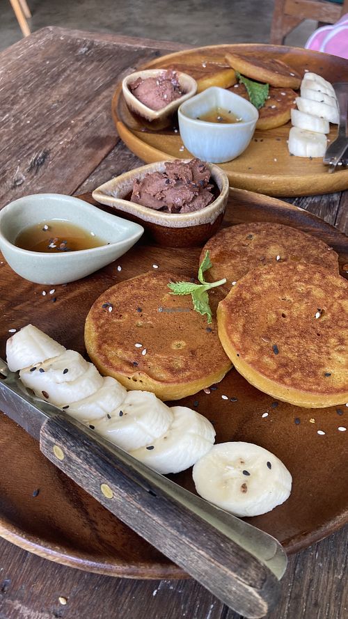 Potato pancakes with syrup and banana  at Pure Vegan Heaven in Koh Samui