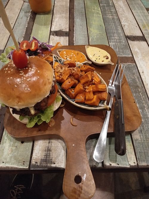 Burger and sweet potatoes. at Pure Vegan Heaven in Koh Samui