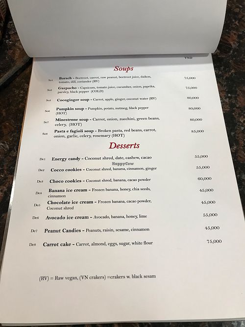 Menu at The Sky Over Dalat in Da Lat