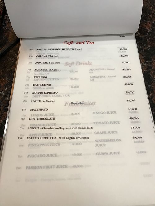 Menu at The Sky Over Dalat in Da Lat