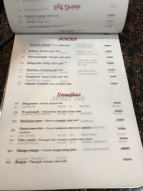 Menu at The Sky Over Dalat in Da Lat