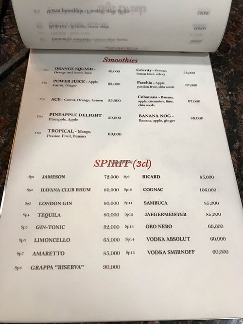 Menu at The Sky Over Dalat in Da Lat