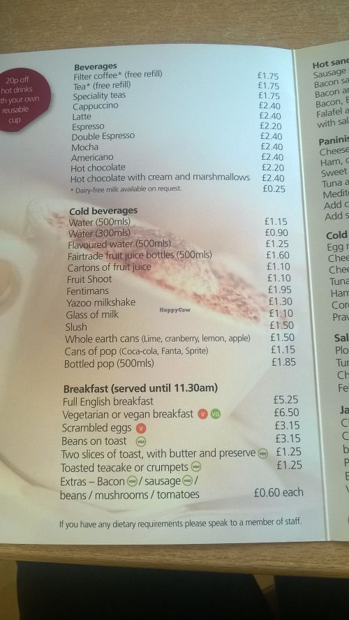 Drinks menu and vegan breakfast option at Rising Sun Countryside Centre Cafe in Newcastle Upon Tyne