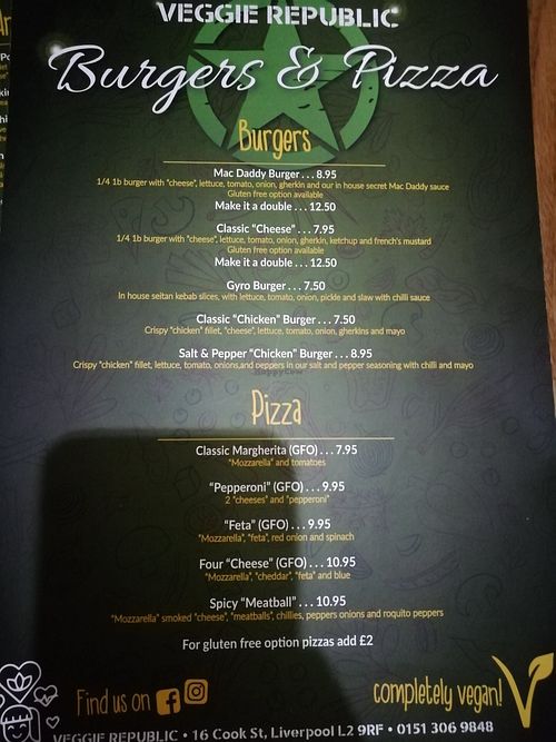 Burgers & Pizza menu at Veggie Republic in Liverpool