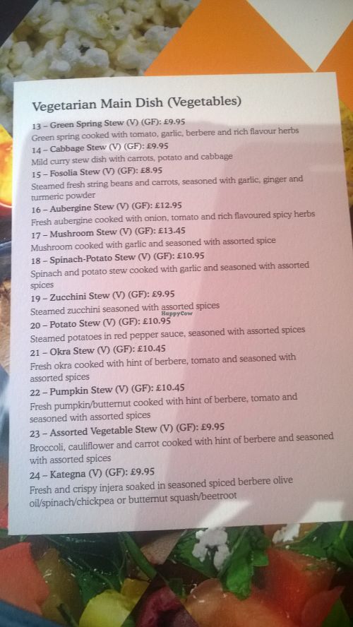 Vegetables menu at Corarima in Wakefield