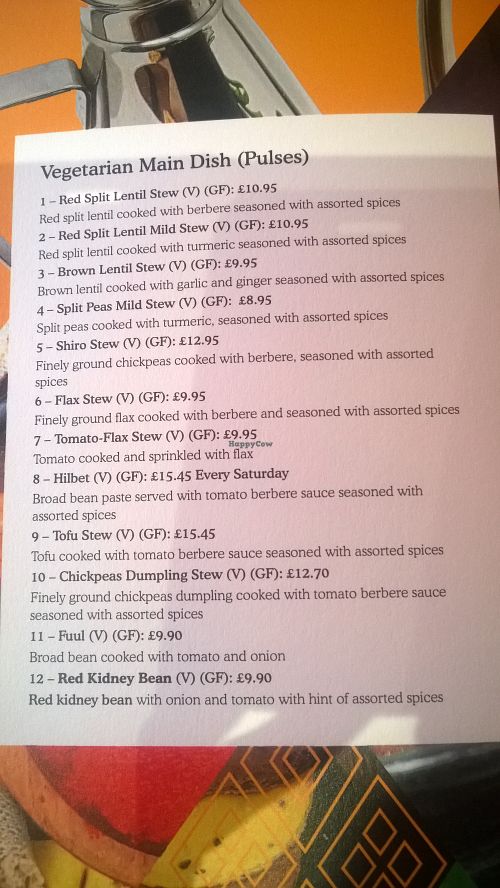 Pulses menu at Corarima in Wakefield
