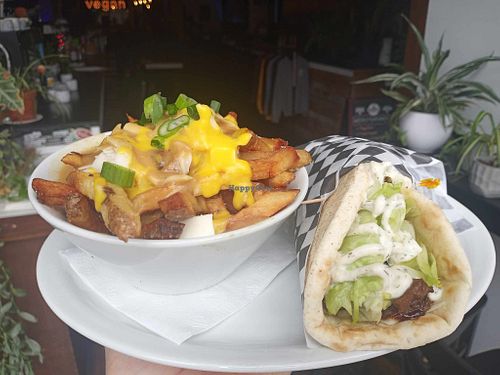 Seitan pita with a really good tzatziki and a side of poutine. at Nooch in Windsor
