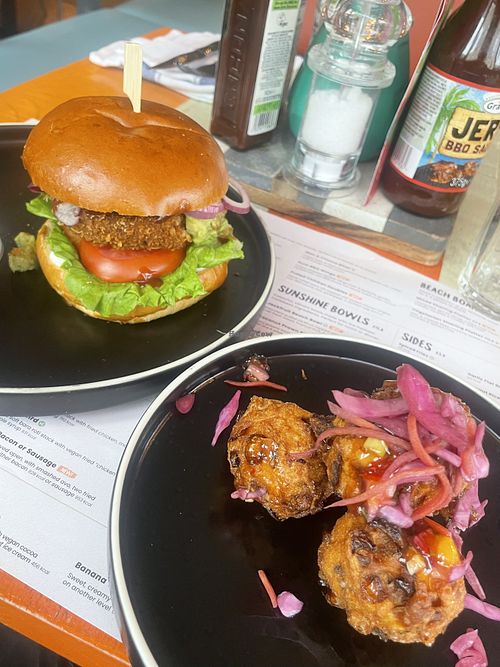 Vegan motherclucker with sweetcorn fritters  at Turtle Bay in Southampton