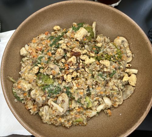 Vegan buckwheat groats, tofu, mushrooms, vegetables   at Landwer Cafe in Ashkelon
