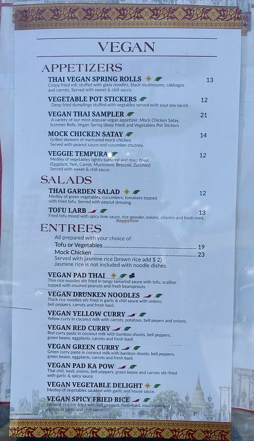 Vegan menu  at Sab Lai Thai Kitchen in San Diego
