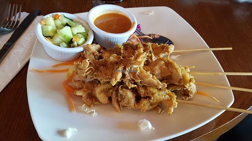 Mock chicken with satay sauce at Sab Lai Thai Kitchen in San Diego