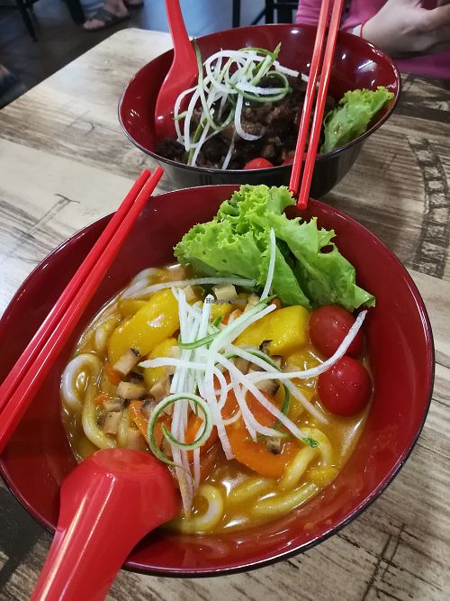 Vegan Japanese curry udon and vegan mushroom ramen at 340 Vegetarian in Northeast Singapore