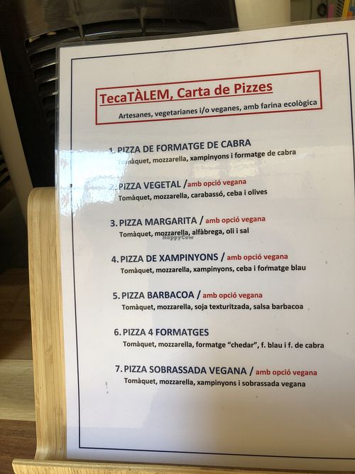Pizza menu at TecaTÀLEM in Tarragona