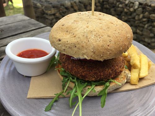 Vegan quinoa burger with fries (mostly hidden behind the burger) at Bright Brewery in Bright